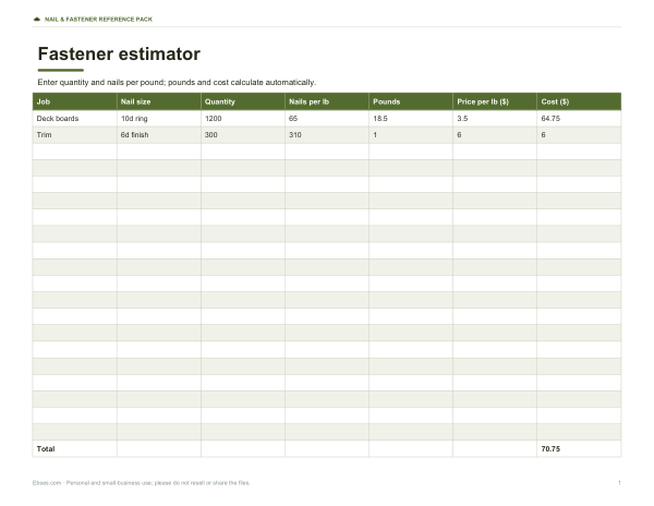 Preview of Printable Nail Fastener Estimator